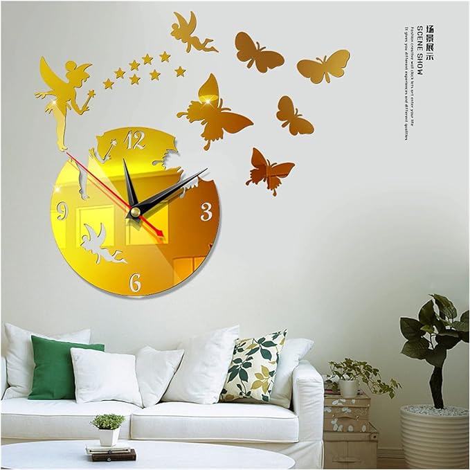Wall clock 3D mirror effect wall clock fairy butterfly home decoration